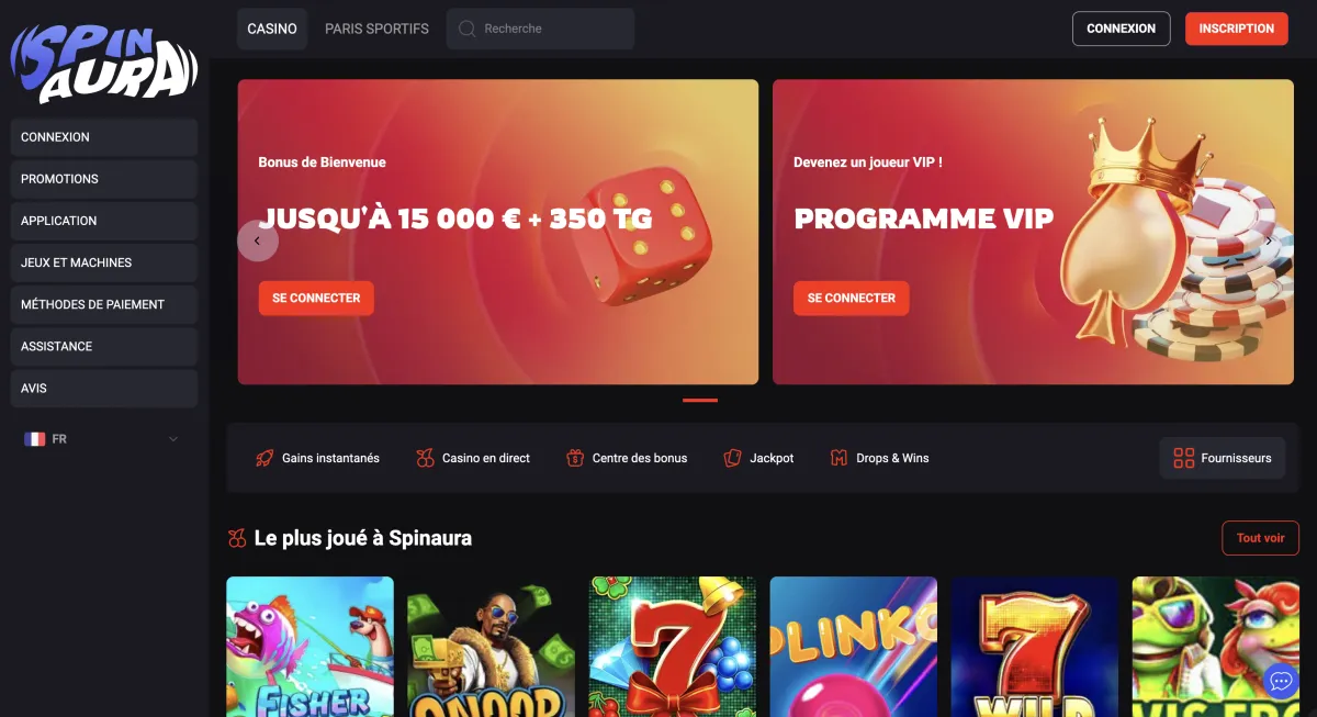 Capture d'écran du casino SpinAura - casino paypal n°3